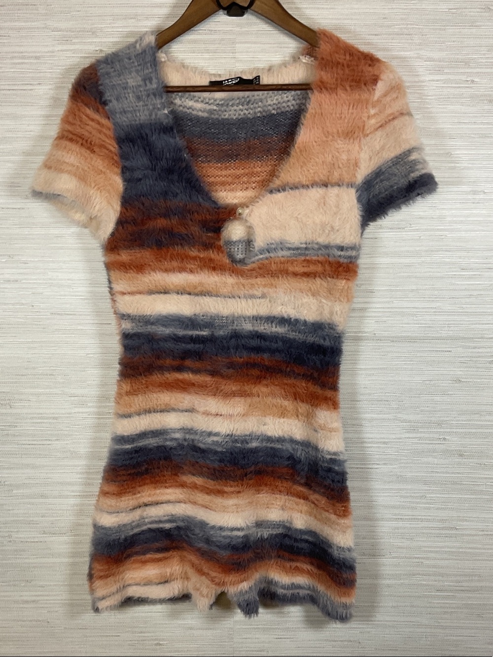 Jaded London Fuzzy Striped Knit Romper Onesie Cream Blue Brown 12